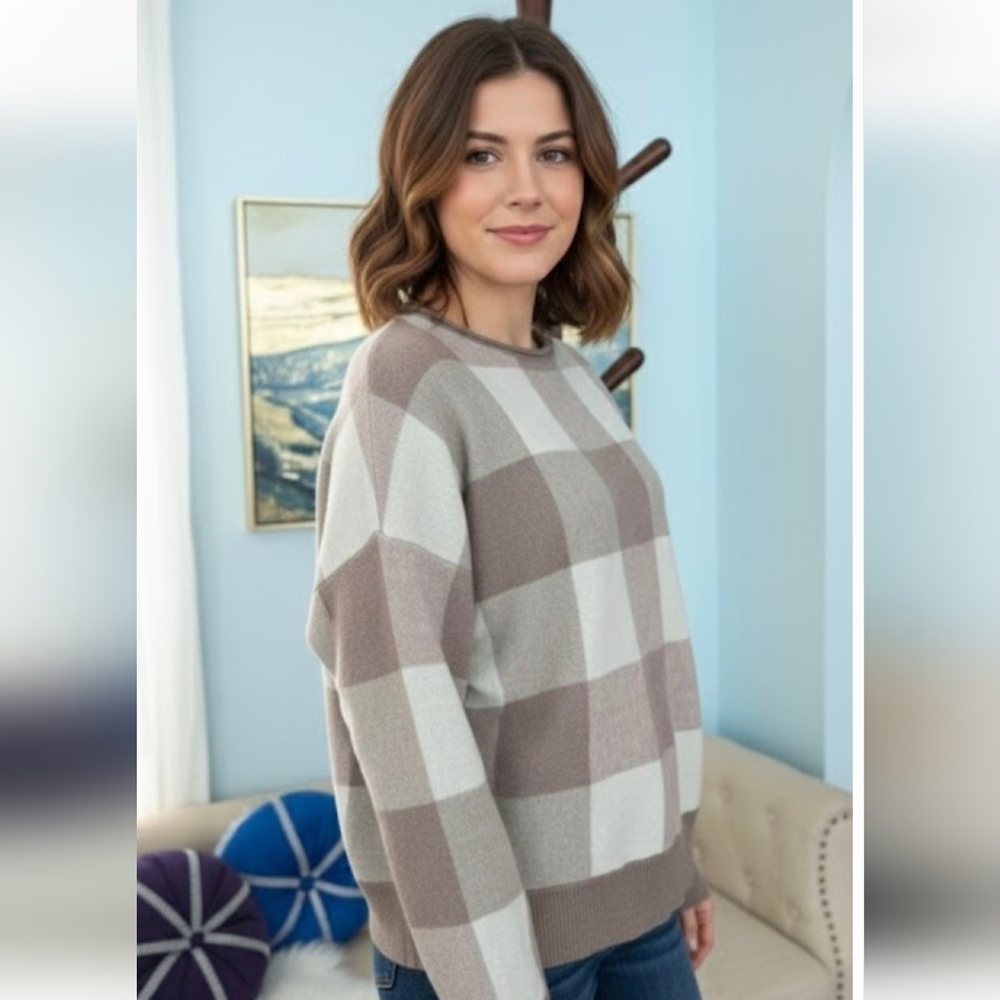 Cynthia Rowley Soft Brown Cream Check Pullover Sweater Crew Neck Long Sleeve